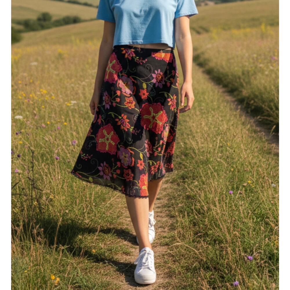 Vintage Spenser Jeremy 100% Silk Floral Midi Skirt Bias Cut Lace Hem Size 12 90s